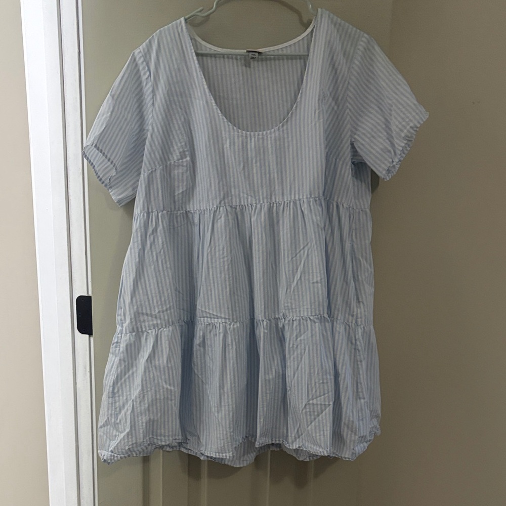 Light Blue Striped Tiered Women's Dress - Scoop Neck